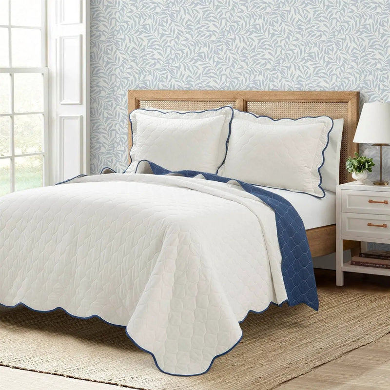 Full/Queen White Navy Scalloped Edge Reversible Thin Light Quilt Set by HomePacific