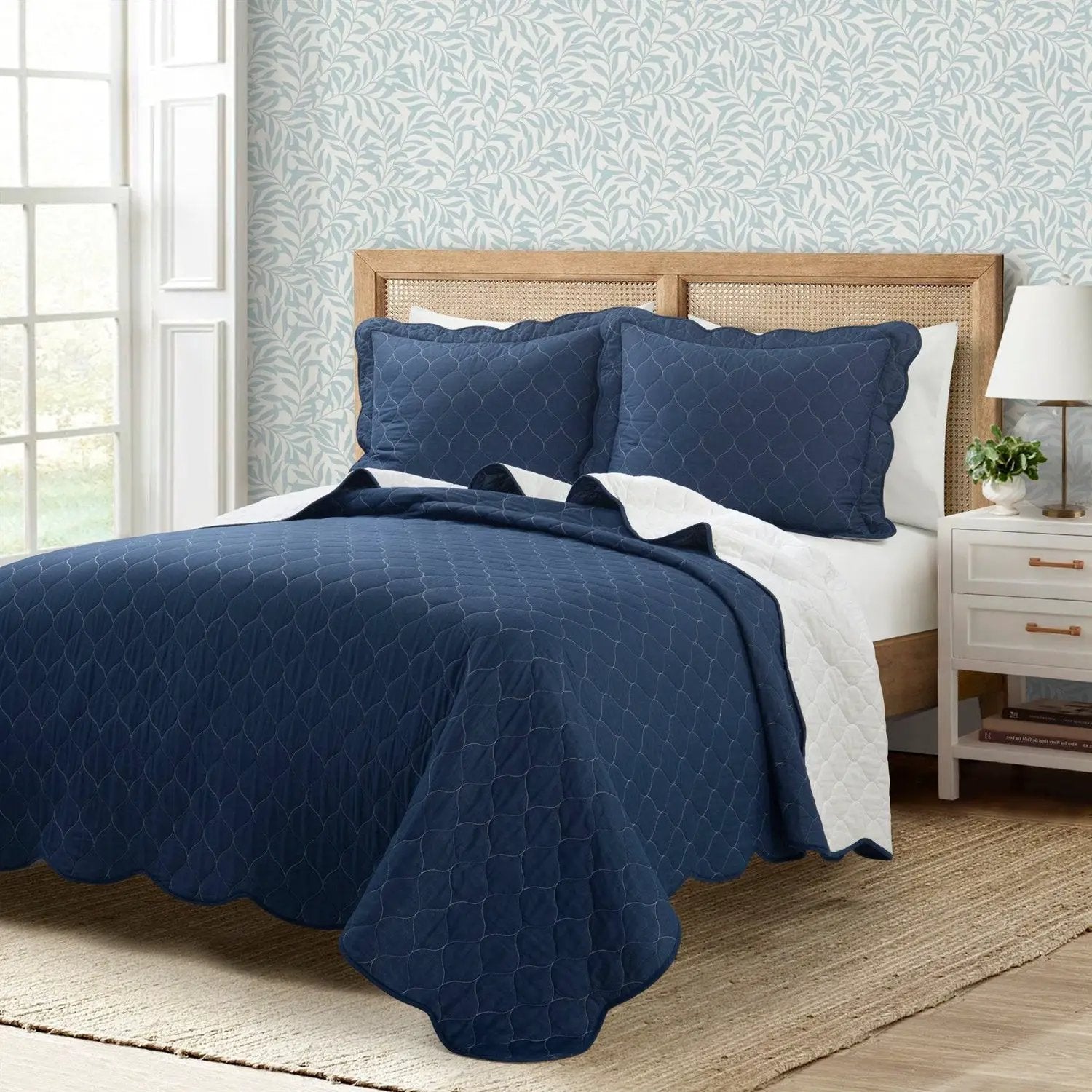 Full/Queen White Navy Scalloped Edge Reversible Thin Light Quilt Set by HomePacific
