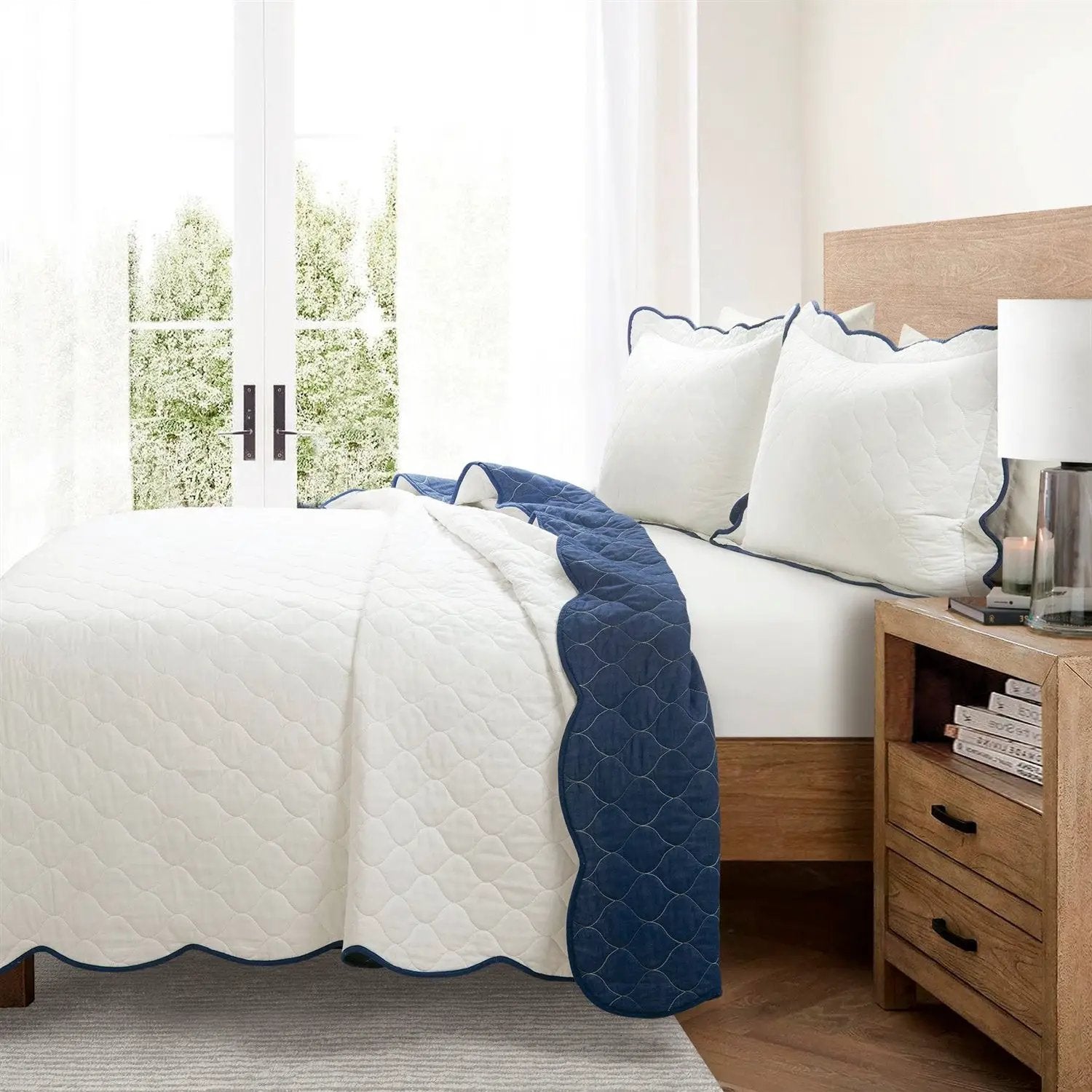 Full/Queen White Navy Scalloped Edge Reversible Thin Light Quilt Set by HomePacific