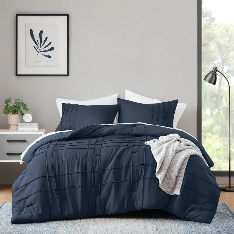 Full/Queen Microfiber Pleated Bohemian style Pre-Washed Comforter Set in Navy by HomePacific