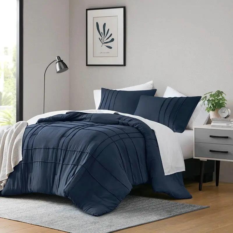 Full/Queen Microfiber Pleated Bohemian style Pre-Washed Comforter Set in Navy by HomePacific