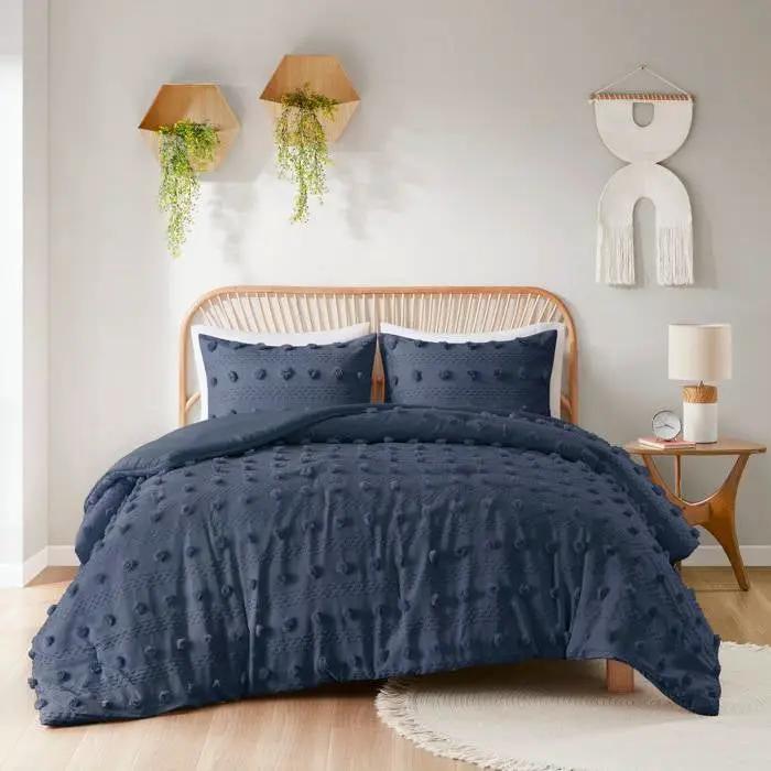 King/Cal King 3 Piece Navy Pompom Microfiber Hypoallergenic Comforter Set by HomePacific
