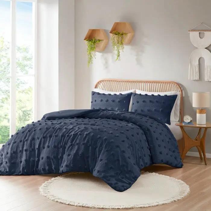 Twin/Twin XL 2 Piece Navy Pompom Microfiber Hypoallergenic Comforter Set by HomePacific