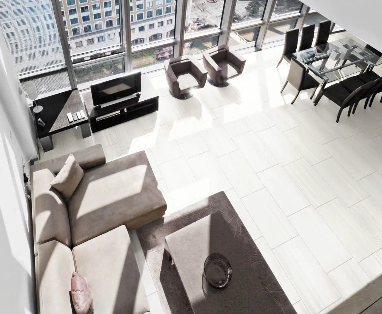 Watercolor Bianco Matte Chevron Marble Look Porcelain Mosaics 12x15 in a finished room