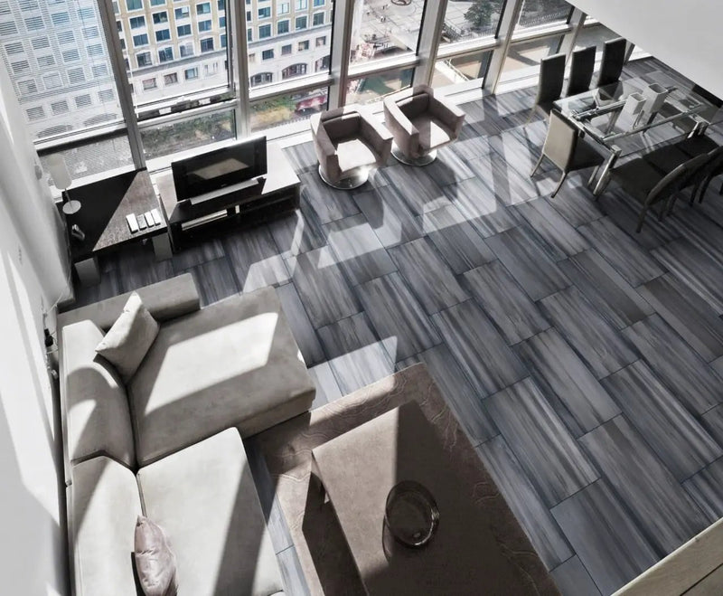 Watercolor Graphite Matte Marble Look Porcelain Tiles 12x24 in a finished room