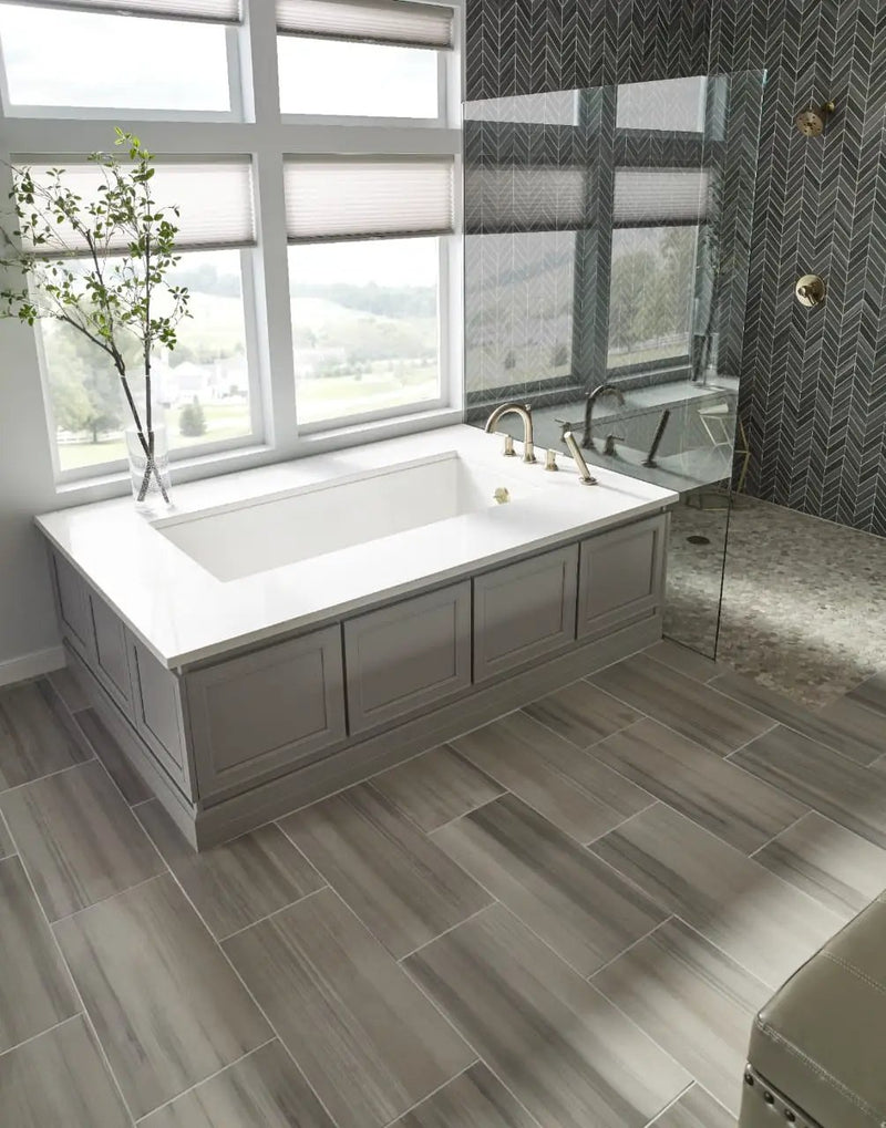 Watercolor Grigio Matte Marble Look Porcelain Tiles 12x24 in a finished room