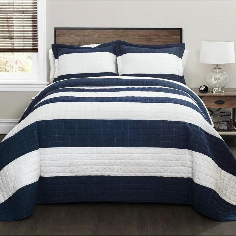 Full/Queen Navy White Stripe 3 Piece Cotton Lightweight Quilt Set by HomePacific