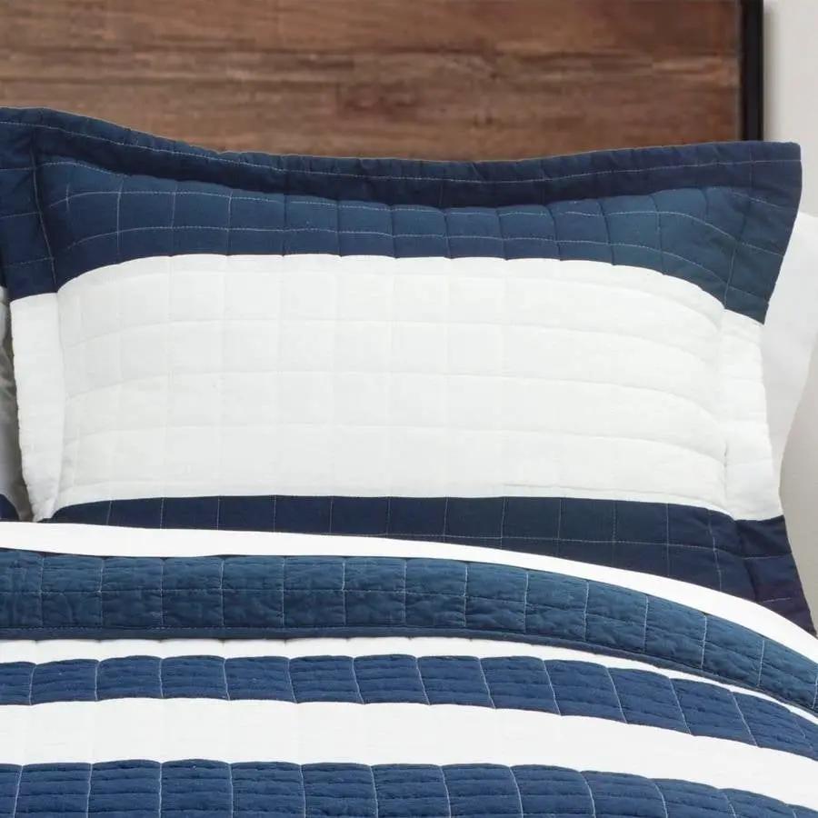 Full/Queen Navy White Stripe 3 Piece Cotton Lightweight Quilt Set by HomePacific