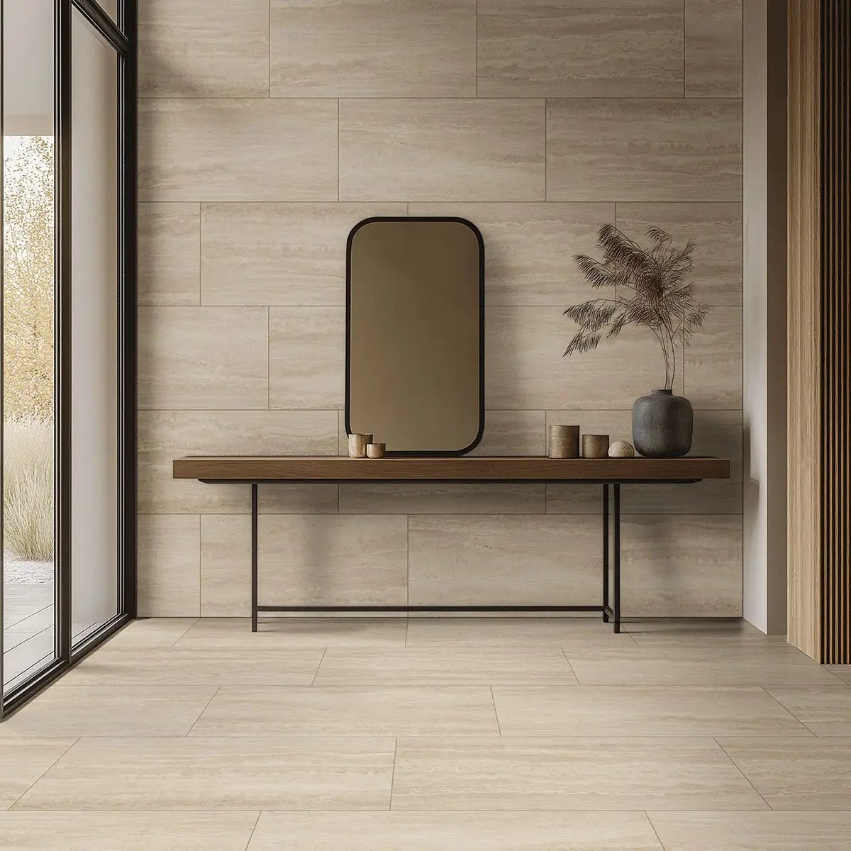 Assos Matte Travertine Look Porcelain Tiles 24x48 in a finished room