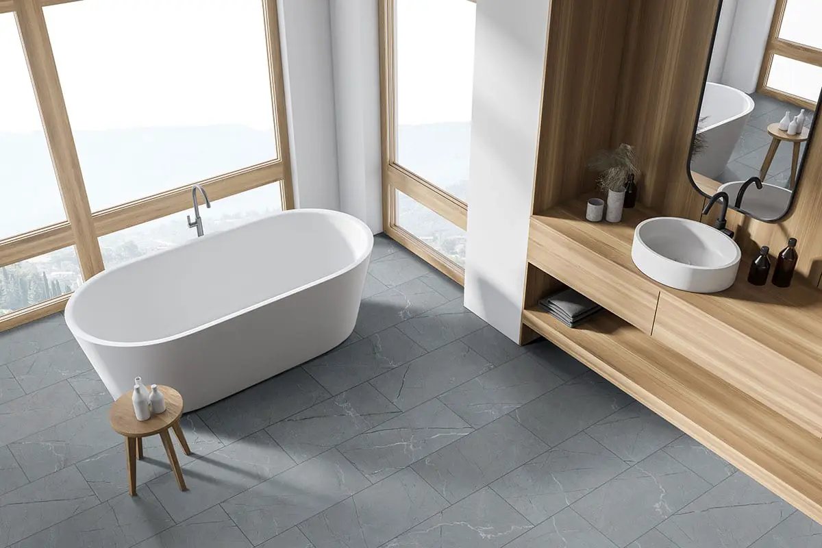Aylana Gris Matte Marble Look Porcelain Tiles 12x24 in a finished room