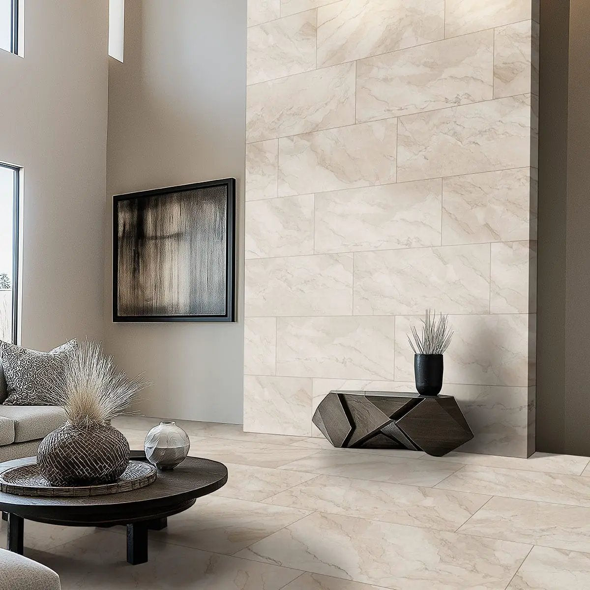 Camuflage Matte Marble Look Porcelain Tiles 24x48 in a finished room