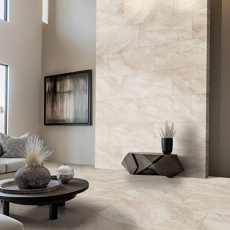 Camuflage Matte Marble Look Porcelain Tiles 24x48 in a finished room