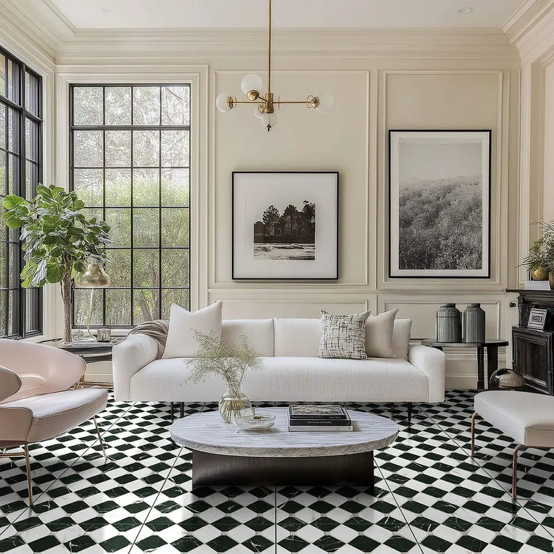 Casa Tuxedo Matte Porcelain Tiles 17x17 in a finished room