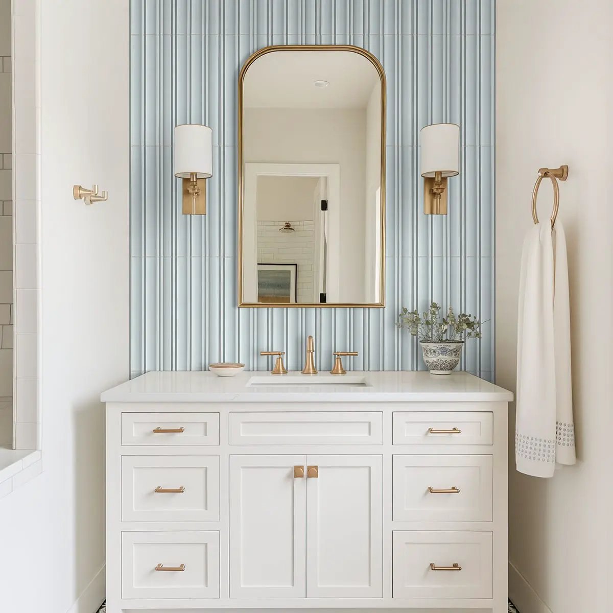 Sky Satin Porcelain Mosaics 7x16 in a finished room
