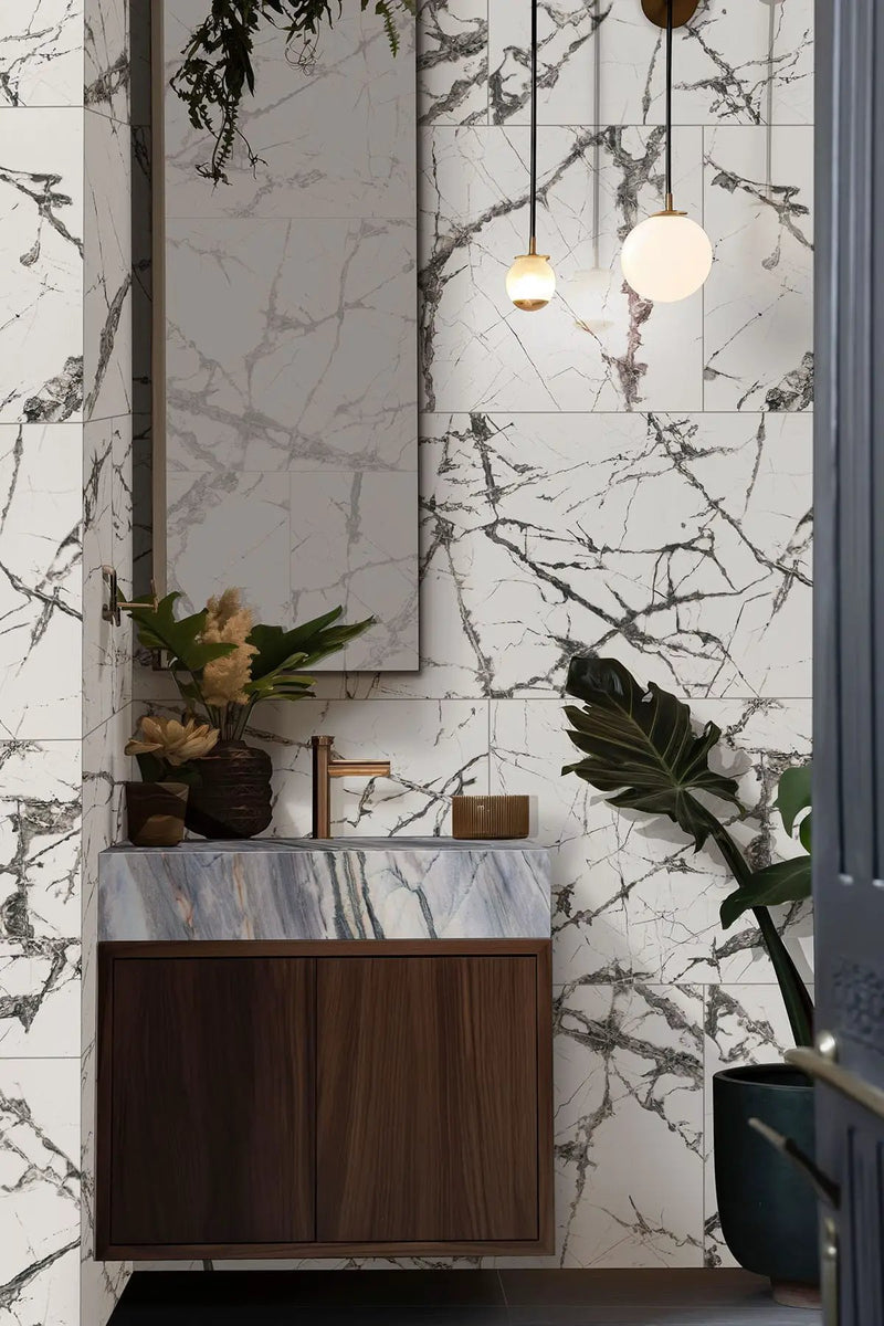Exotika Lux Iceberg 24x48 Polished Marble Look Porcelain Tiles in a finished room