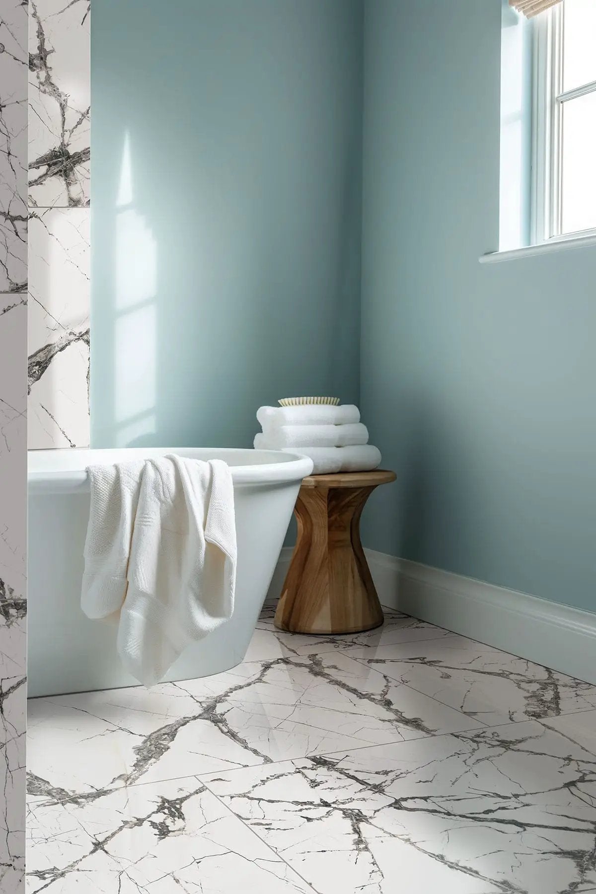 Exotika Lux Iceberg 24x48 Polished Marble Look Porcelain Tiles 48x48 in a finished room