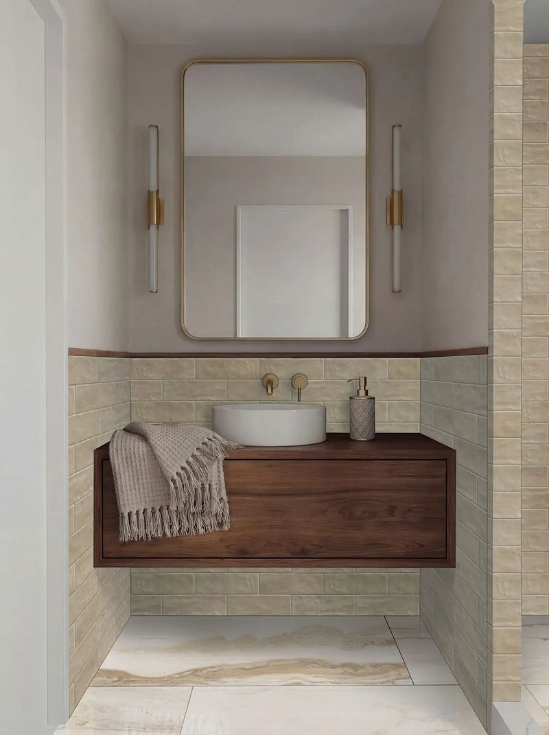 Exotika Nebula Almond Polished Marble Look Porcelain Tiles 24x48 in a finished room