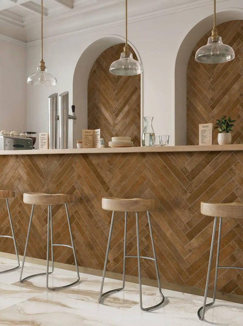 Exotika Nebula Almond Polished Marble Look Porcelain Tiles 24x48 in a finished room