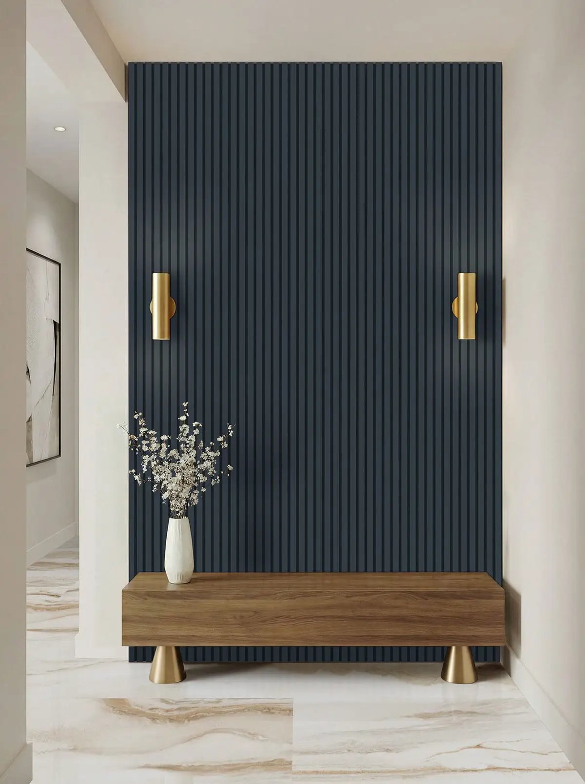 Exotika Nebula Almond Polished Marble Look Porcelain Tiles 24x48 in a finished room