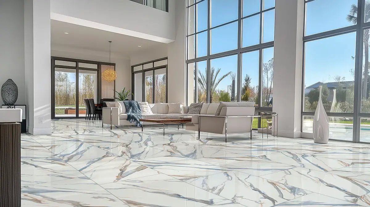 Valesia Azula Polished Marble Look Porcelain Tiles 24x48 in a finished room