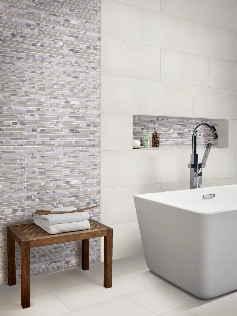 Domino White Glossy Porcelain Mosaics 3x6 0.33 inch in a finished room