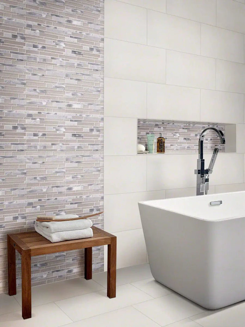 Domino White Glossy Bullnose Porcelain Mosaics 4x16 in a finished room