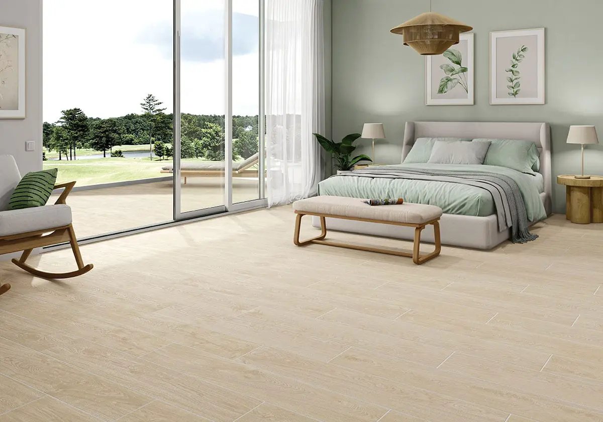 Whitehill Ashwood 9x48 Matte Wood Look Porcelain Tiles in a finished room