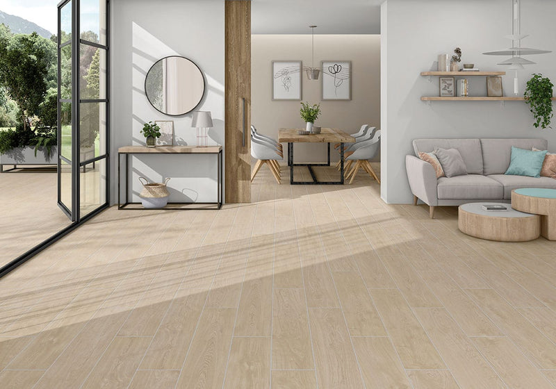 Whitehill Ashwood 9x48 Matte Wood Look Porcelain Tiles in a finished room