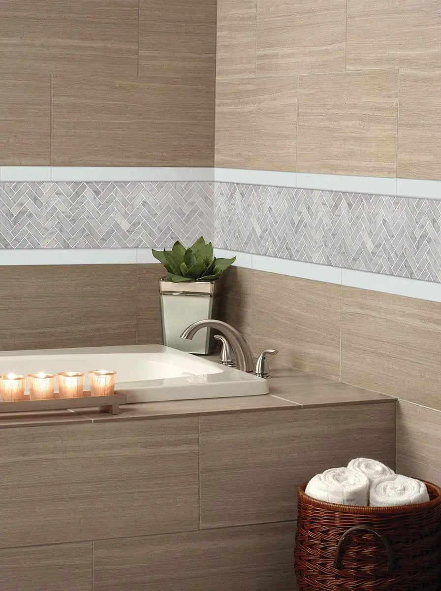 Domino White Glossy Bullnose Porcelain Mosaics 3x6 in a finished room