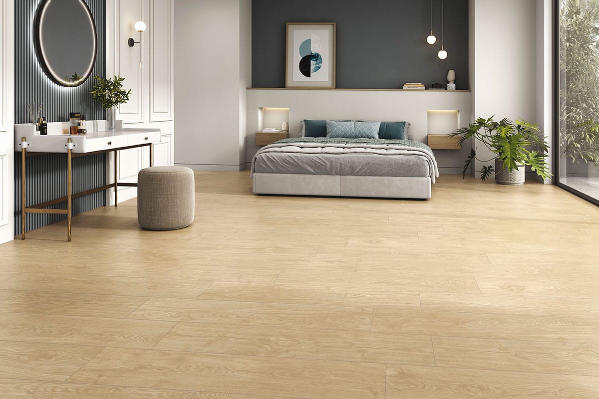 Whitehill Sandlewood 9x48 Matte Wood Look Porcelain Tiles in a finished room