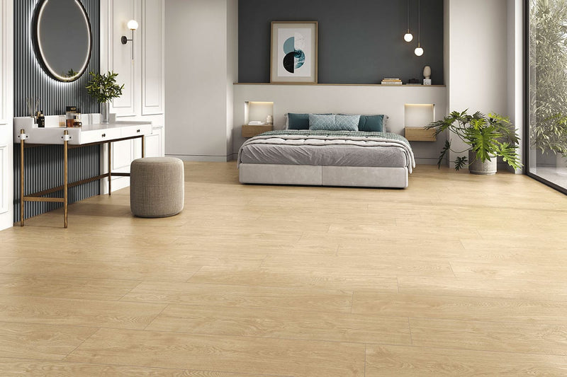 Whitehill Sandlewood 9x48 Matte Wood Look Porcelain Tiles in a finished room