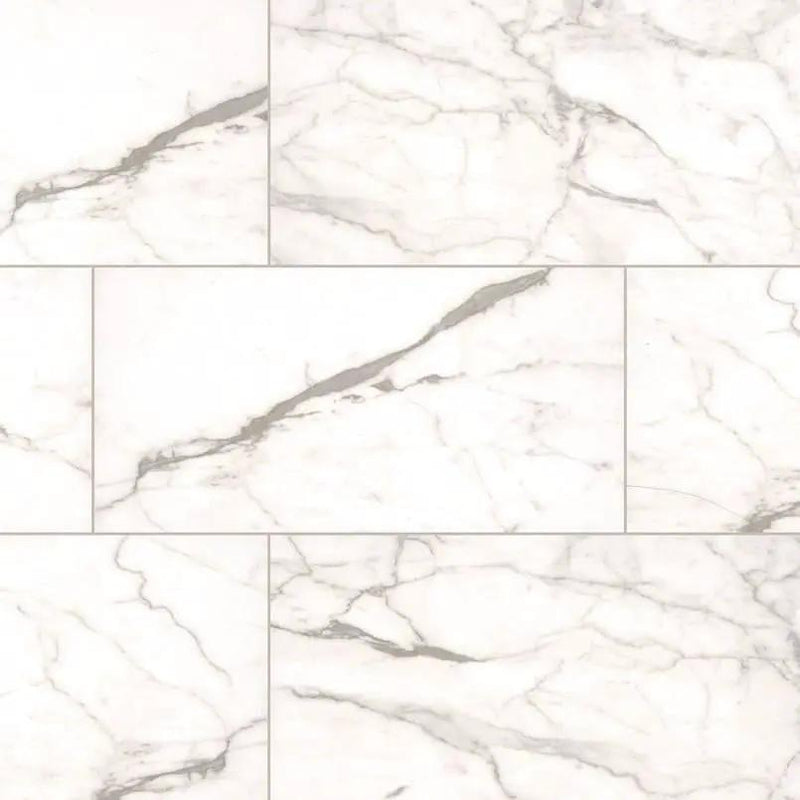 Essentials White Vena Matte Marble Look Ceramic Tiles 12x24 close up