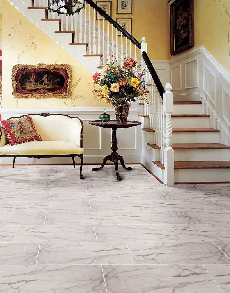 Essentials White Vena Matte Bullnose Marble Look Ceramic Moldings 3x18 in a finished room