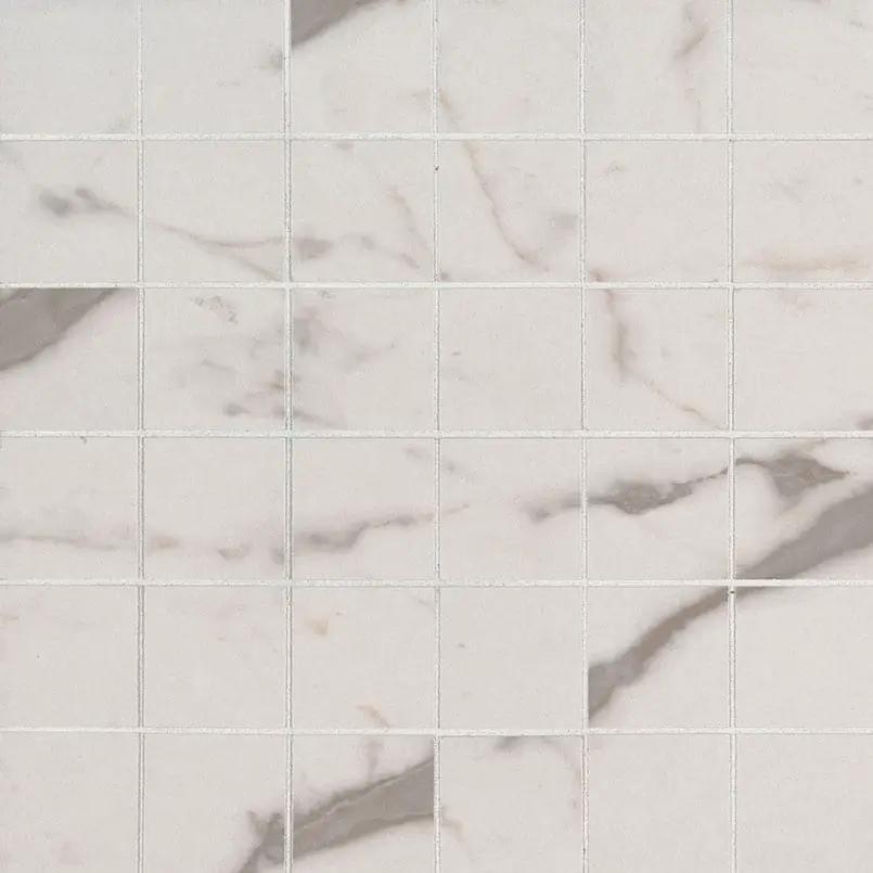 Essentials White Vena Matte Marble Look Ceramic Mosaics 2x2 close up