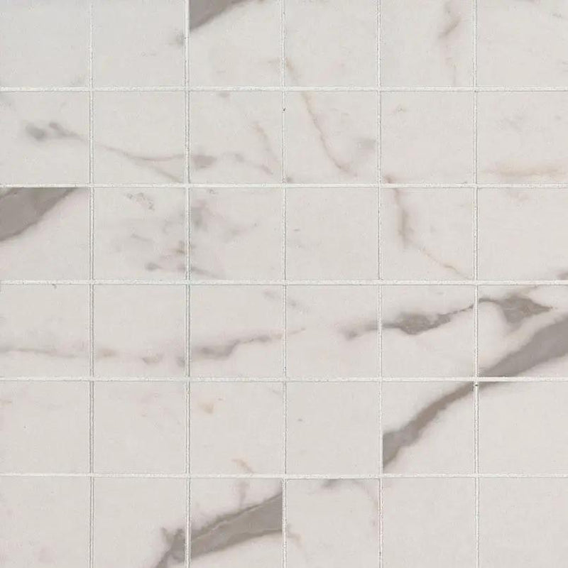 Essentials White Vena Matte Marble Look Ceramic Mosaics 2x2 close up