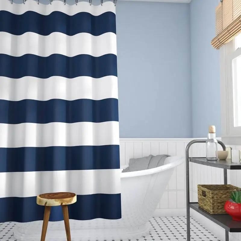 72 x 70 inch Polyester Navy Blue White Nautical Ocean Striped Shower Curtain by HomePacific