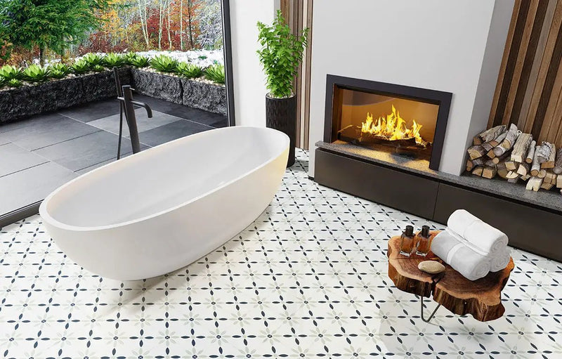 Zaria Greta Matte Porcelain Tiles 8x8 in a finished room