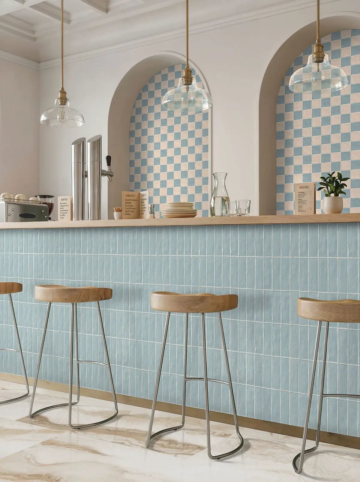 Zest Sand Tile 4x4 Satin Ceramic Mosaics in a finished room