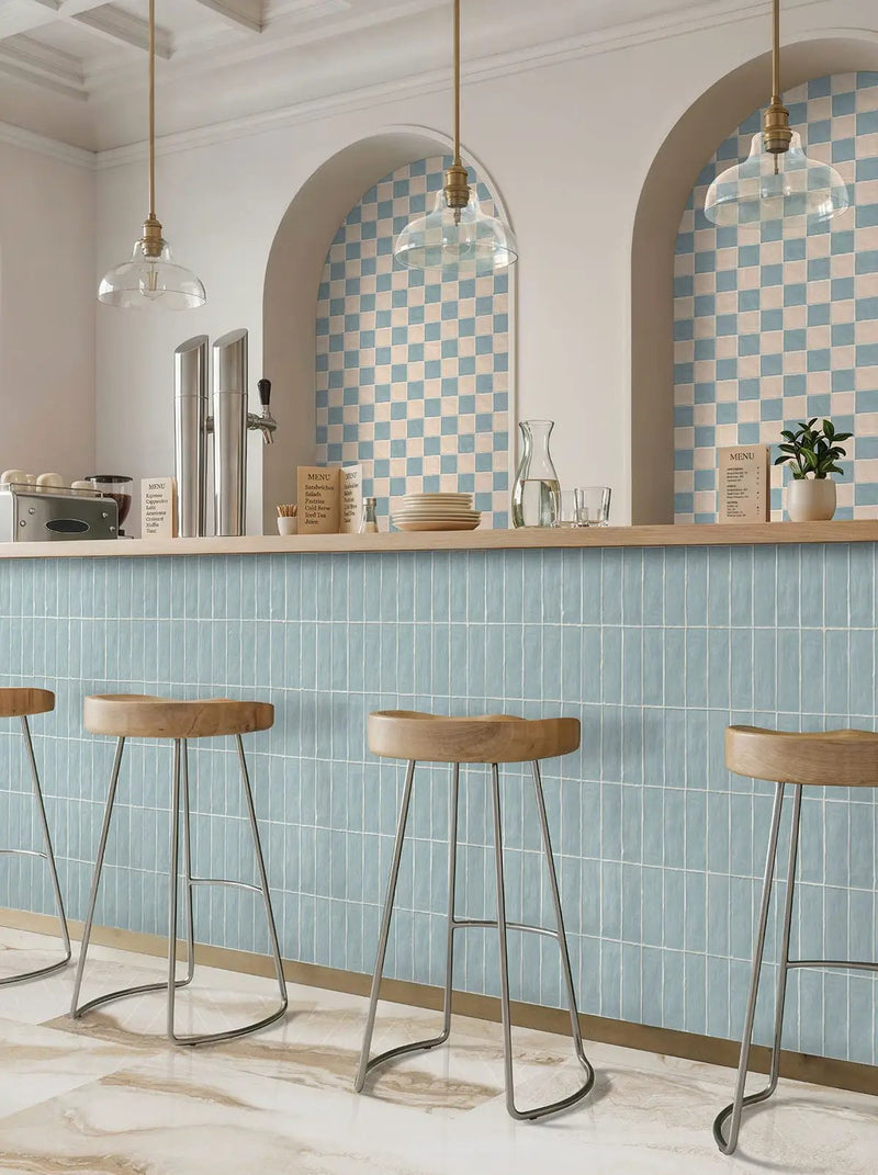 Zest Sand Tile 4x4 Satin Ceramic Mosaics in a finished room