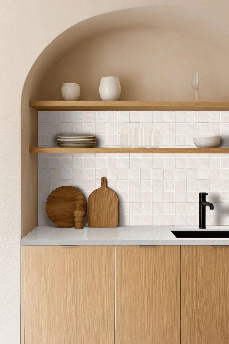 Zest Sand Tile 4x4 Satin Ceramic Mosaics in a finished room