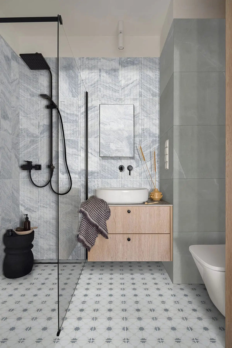 Kenzzi Zoudia Matte Porcelain Tiles 8x8 in a finished room