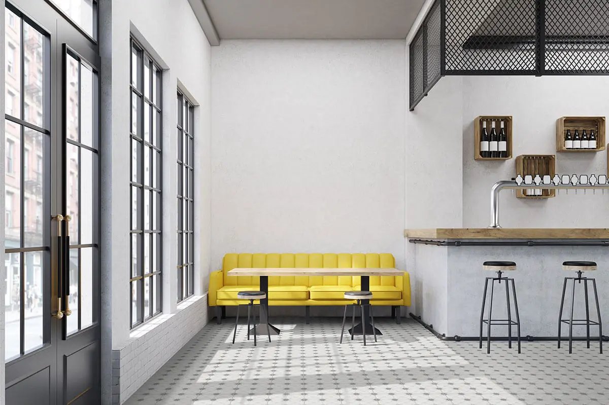 Kenzzi Zoudia Matte Porcelain Tiles 8x8 in a finished room