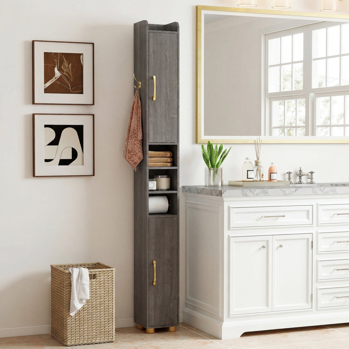 Narrow Bathroom Storage Cabinet with Shelves & Paper Holder by DirectDeals