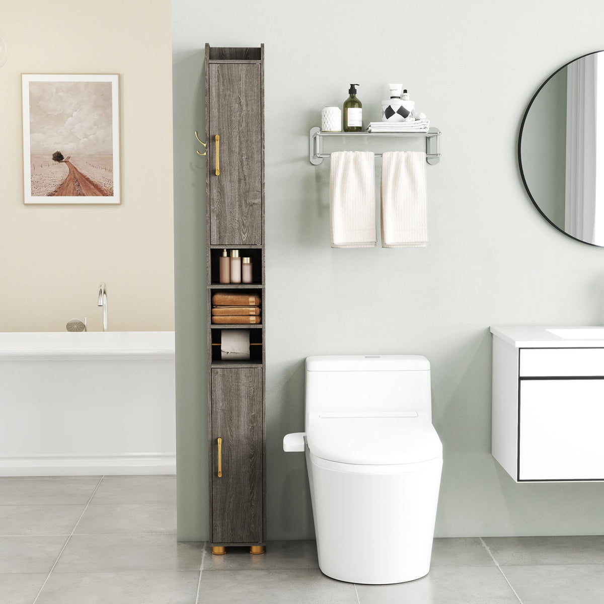 Narrow Bathroom Storage Cabinet with Shelves & Paper Holder by DirectDeals