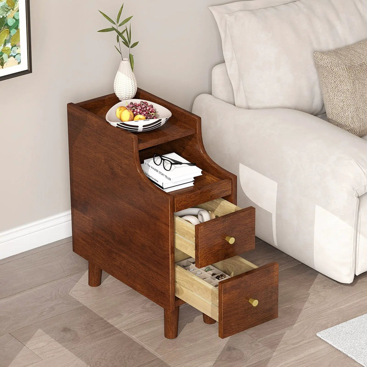Solid Wood End Table Narrow Bedside Table with Pull-out Tray and 2 Storage Drawers-Brown by DirectDeals