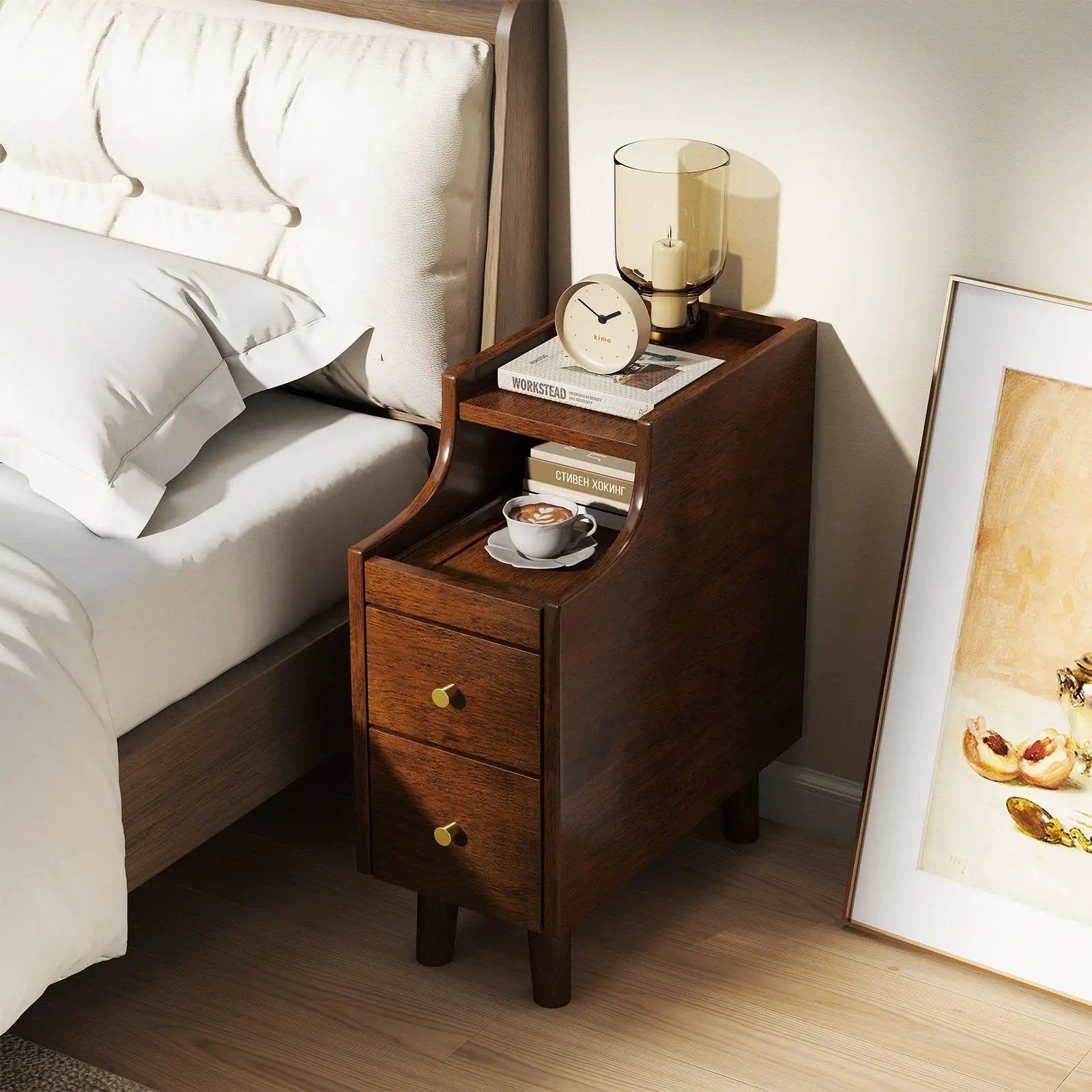 Solid Wood End Table Narrow Bedside Table with Pull-out Tray and 2 Storage Drawers-Brown by DirectDeals