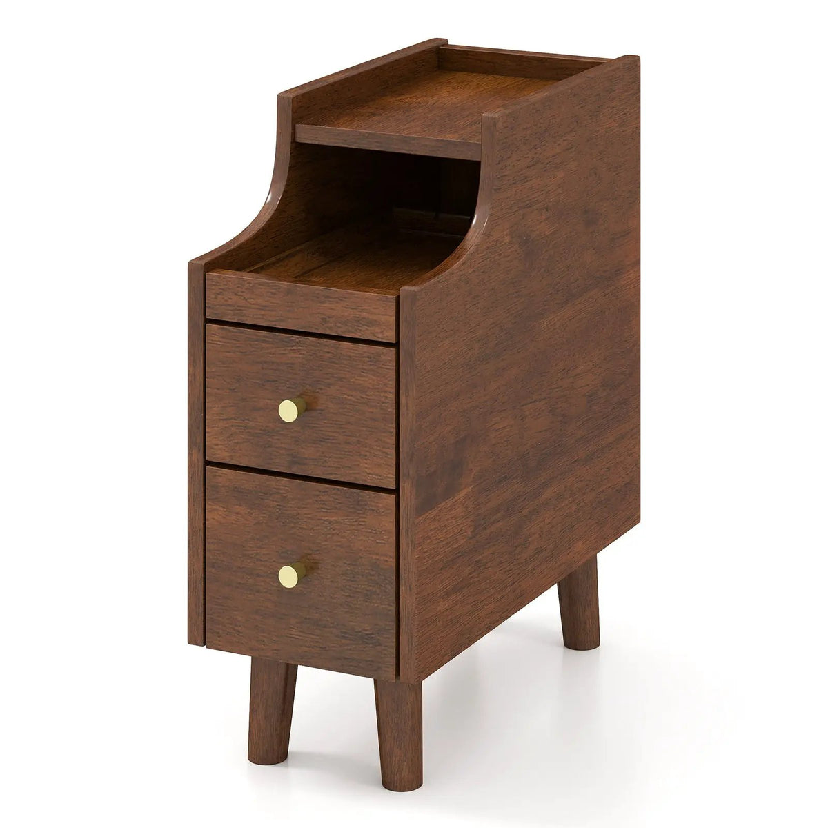 Solid Wood End Table Narrow Bedside Table with Pull-out Tray and 2 Storage Drawers-Brown by DirectDeals