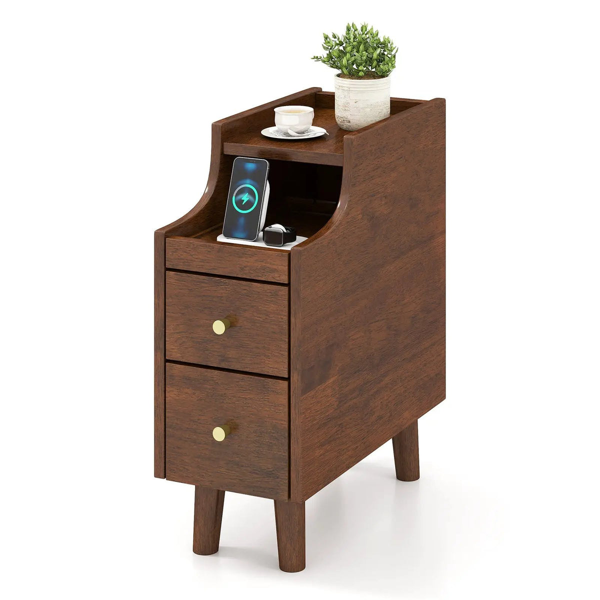 Solid Wood End Table Narrow Bedside Table with Pull-out Tray and 2 Storage Drawers-Brown by DirectDeals