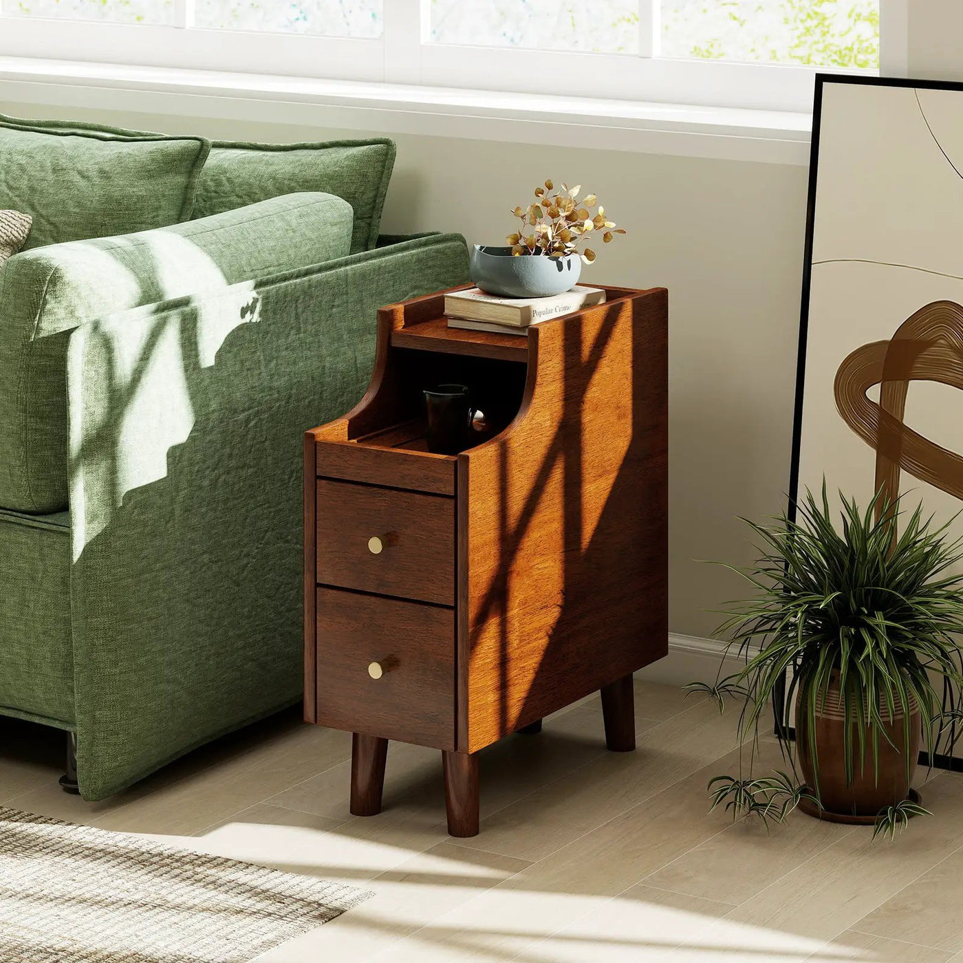 Solid Wood End Table Narrow Bedside Table with Pull-out Tray and 2 Storage Drawers-Brown by DirectDeals