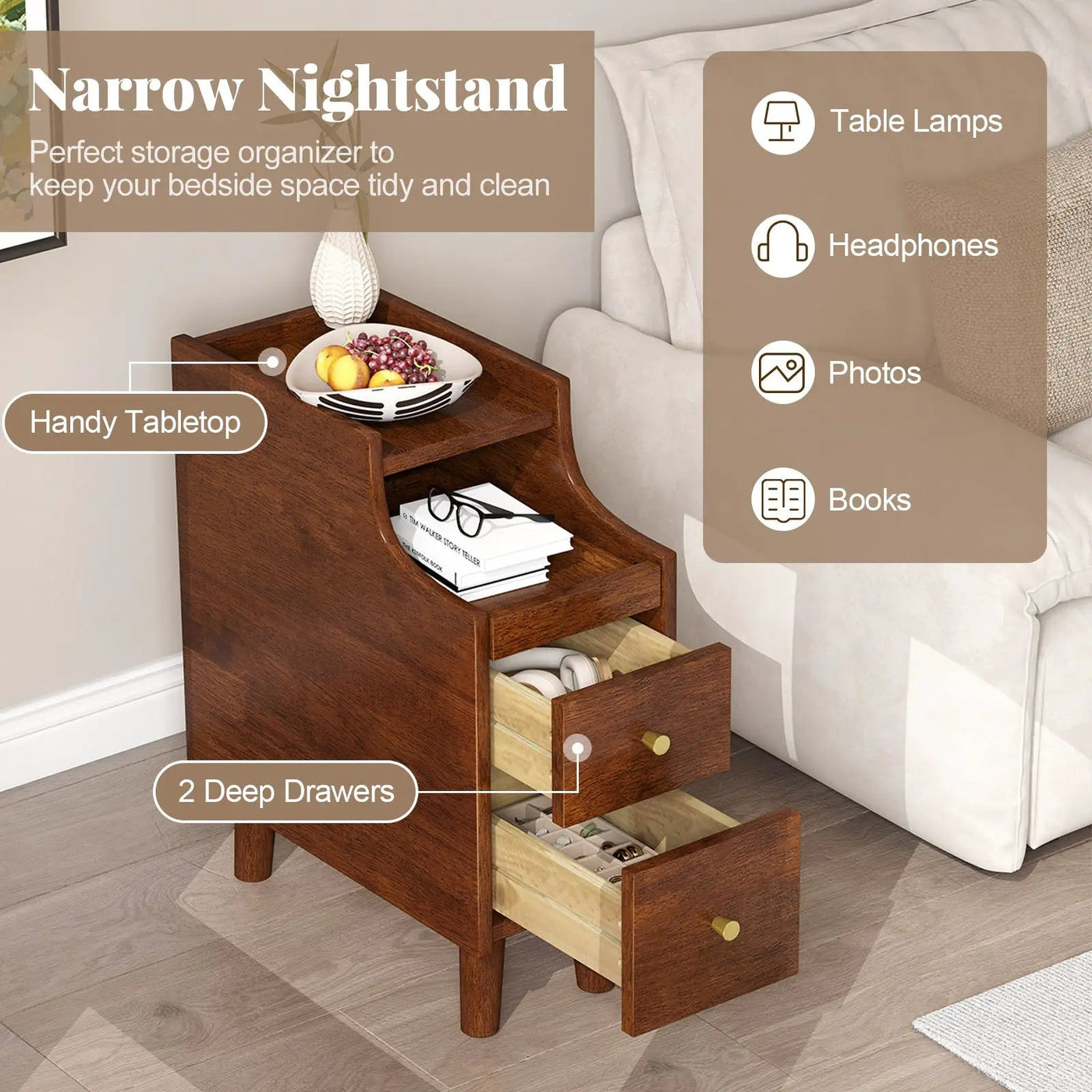 Solid Wood End Table Narrow Bedside Table with Pull-out Tray and 2 Storage Drawers-Brown by DirectDeals